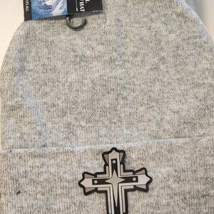 Cross Patched Knit Cuffed Beanie in Gray